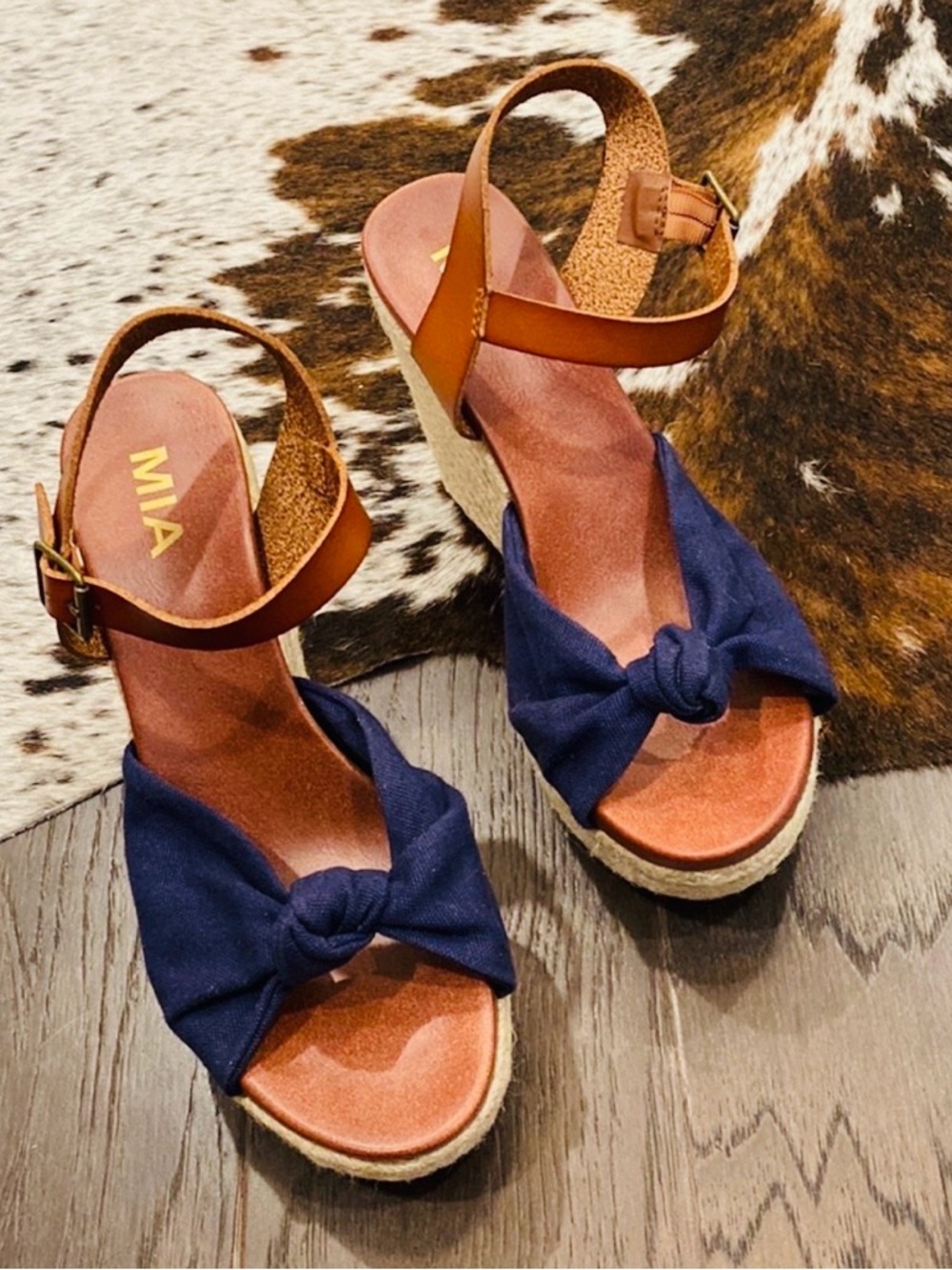 MIA Navy Lorryan Knot Espadrille Wedge Sandals with Tan Ankle Strap - Picture 10 of 10